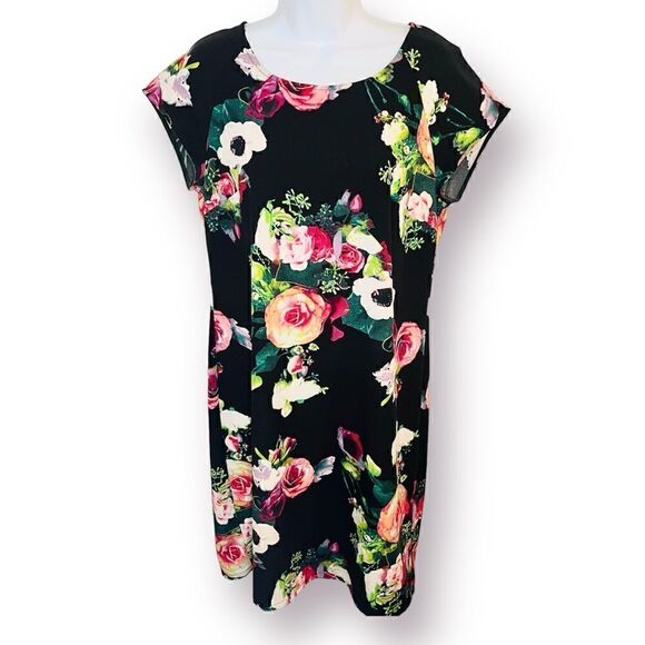 Merona Bright Casual Floral Shift Dress Black Pink Multi 6 - Picture 1 of 9